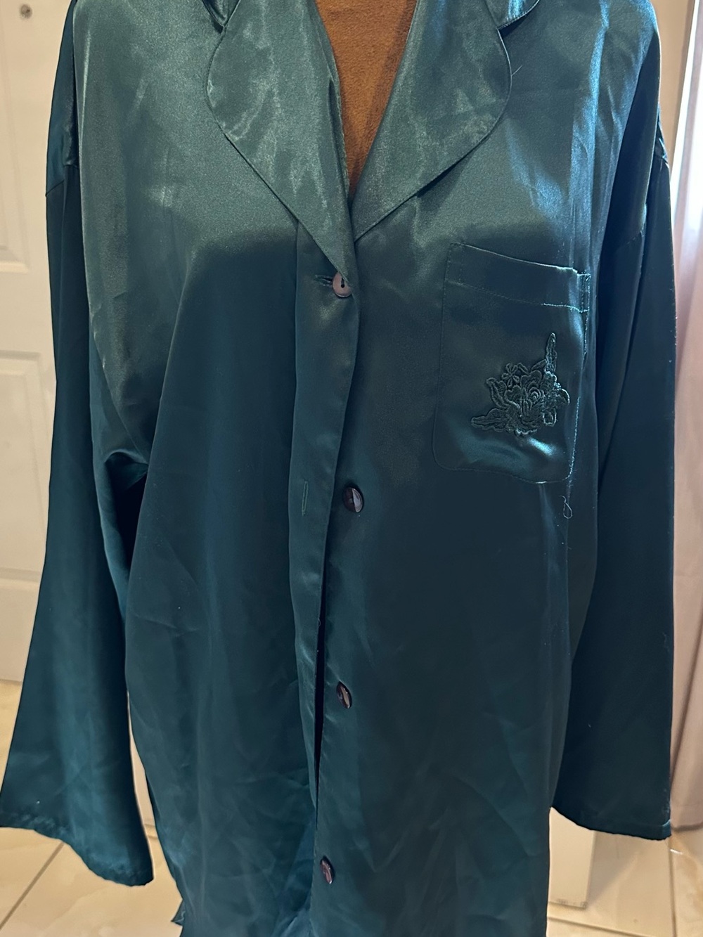 Victoria's Secret Teal Satin Button-Up Pajama Top vintage 1990s M